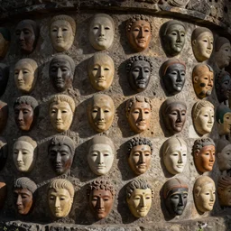 a stone wall filled with funeral masks in the style of wayne barlowe, gustav moreau, goward, bussiere, roberto ferri, santiago caruso, luis ricardo falero, austin osman spare