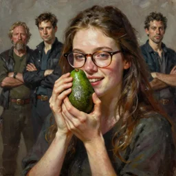 ennie award winning artist lauren walsh wearing glasses lovingly cradling an avacado, fullbody, ultra high detailed, oil painting, greg rutkowski, charlie bowater, yuumei, yanjun cheng, lauren walsh, unreal 5, daz, hyperrealistic, octane render, rpg portrait, dynamic lighting, fantasy art, beautiful face
