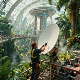 movie still frame, maintenance crew fixing an antena, in a luxurious futuristic city glass dome inside a lush jungle, bridges with tourists, beautiful composition, sunny, steam, 8 k, cgi, by ridley scott, james cameron, zack snyder and michael bay