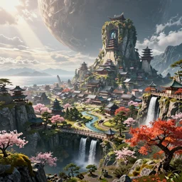 view from the mountain top to see a costal city on an alient planet, elven architecture buildings, 8k, wide angle view, hyper realistic, waterfall under bridge, sunlight shining through into the city, zen japanese gardens, sakura trees, japanese autumn tree 18 4k photorealistic, volumetric lighting, HD, high details, dramatic, trending on artstation