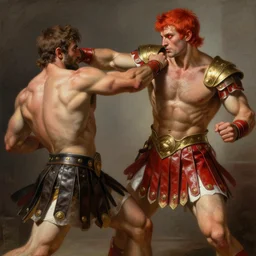 fight scene renaissance painting of bodybuilder roman soldier punching a enemy, red leather roman soldier skirt with white tips, gold shoulder armor piece, piercing bright red eyes, fantasy, short red hair, highly detailed, digital painting, crossfit, sharp focus, illustration, matte, dramatic, dynamic pose, art by artgerm, and greg rutkowski!, and alphonse mucha!, and simon bisley!!!