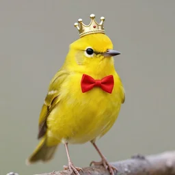 an elegant yellow bird wearing a crown and a red bow tie in the style of Jean-Joseph Benjamin-Constant, very very beautiful, high quality, detailed, 4k