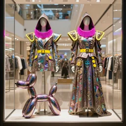 drawing of a fashion store window in a shopping mall which is decorated with two mannequins and a jeff koons balloon dog, mannequins are wearing an insanely integrate elaborate shiny hooded steampunk asymmetric jacket and skirt, jacket and long skirt is textured with multicolored holographic faces and huge magenta neon collar, yellow belts and buttons, big shoulder polsters with glowing yellow edges, detailed fold fall - w 1 0 2 4 - h 1 0 2 4 - n 4 - s 1 5 0
