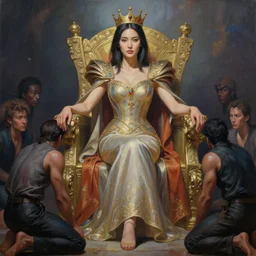 portrait of a beautiful young asian woman with shoulder length hair and strong facial bone structure, queen and ruler of the universe, sitting on her throne, men kneeling at her feet, painting by tara phillips, hyper detailed, hyperrealism