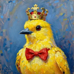 a portrait of an elegant royal yellow bird wearing a crown and a red bow tie, oil painting, impressionism, vibrant, colorful, sharp strokes, high quality