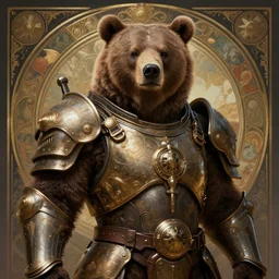 portrait of a brown bear wearing battle armor, solarpunk, retrofuturist! intricate, elegant, highly detailed, ray tracing, digital painting, artstation, concept art, smooth, sharp focus, illustration, art by artgerm and greg rutkowski and alphonse mucha, 8 k