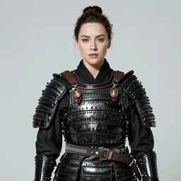 portrait of kate winslet in black samurai armoury, by jan van eyck