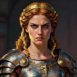 pixel art of the Greek godess Hera looking angry, rusty armor, portrait, beautiful face, symmetric face, cinematic, by Artgerm and Greg Rutkowski and Alphonse Mucha