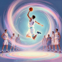 a basketball player from gran canaria, jumping, fast movement, luminescent, colorful swirly magic ripples, pastel colors, by jim burns, by greg manchess, huang guangjian, gil elvgren, sachin teng, greg rutkowski, jesper ejsing, ilya kuvshinov