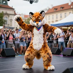 a furry dancing to techno at a pride event in Prague, 4K photograph, National Geographic photo