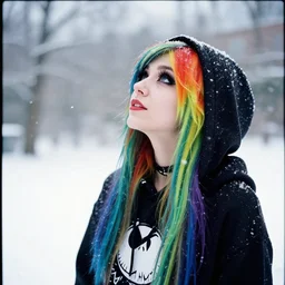 black Emo scene girl with long rainbow hair with Jack skellington hoodie looking up at snow 35mm
