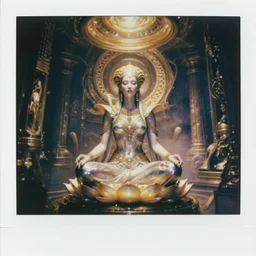 cinematic masterpiece polaroid of glistening opalescent elegant queen empress xenomorph alien goddess meditating lotus position, inside ominous glowing alien temple shrine incubator. in the style of aliens, by denis villeneuve, weta workshop, james cameron, h. r. giger, beautiful octane render, extremely intricate, golden spiral composition, dramatic atmosphere, matte painting