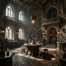 medieval alchemist lab, natural lighting, wide angle, intricate details, fantasy atmosphere, matte painting, by greg rutkowski and neil gaiman's sandman