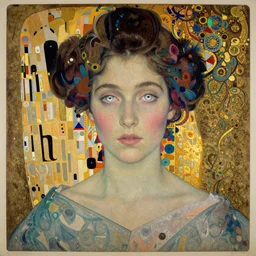 portrait of a beautiful young lady with silver eyes, colored daguerreotype, woodcut, poster art, by klimt, by schiele, by mucha, by Mackintosh