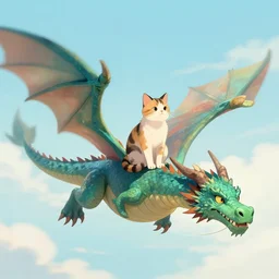 a cat sitting on a dragon flying, digital art