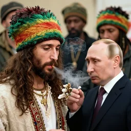 detailed photography of jesus with vladimir putin smoking a big joint in rastaman hats 4 k