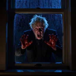 dark photo of dark blue rainy bedroom window at night, dimly lit creepy | screaming face of boris johnson staring in through the window, bloody hands, horror, scary face, demonic face,