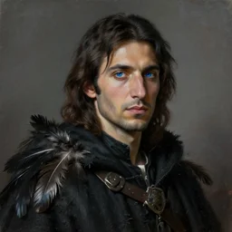 portrait painting of a man with blue eyes, middle eastern, with shoulder length hair, wearing a tattered black cloak, feathers, and coat, sharp focus, award - winning, trending on artstation, masterpiece, highly detailed, intricate. art by seb mckinnon