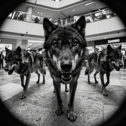 camera footage of a Several Feral Black Wolves with severe late stage rabies in an abandoned shopping mall, high exposure, dark, monochrome, camera,  grainy, CCTV, security camera footage, timestamp, zoomed in, Creepy, Feral, fish-eye lens, Rabid, Dire Wolf, Nightmare Fuel, Wolf, Evil, Stalking, Bite, Motion Blur, horrifying, lunging at camera :4