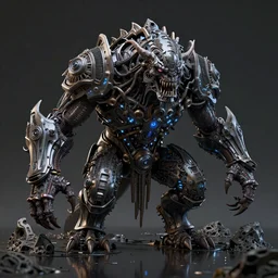 an evil monster on a humongous techno hell biome, fantasy, ornate, hyper realism, wet reflections, intricate, digital art, detailed, studio shot, unreal engine 5, octane, high definition, smooth, artstation, behance