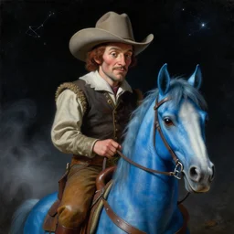 a close - up gritty renaissance portrait of a cowboy with whimsical features riding a blue alien horse. glowing fog, gloomy black background. night time. constellations. highly detailed science fiction painting by moebius, norman rockwell, frank frazetta, and syd mead. rich colors, high contrast, artstation