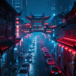 cyberpunk stree., neon light, traffic flow, chinese style, blue and red color scheme, mist, hyperdetailed, greg rutkowski, casper konefal, cyberneon, unreal engine.