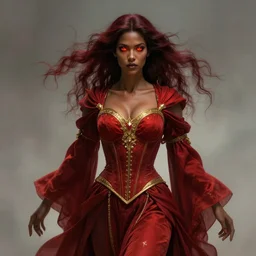 Portrait of a beautiful sorceress, alone!!, dnd, d&d, toned shape, Red robes, golden accents, crimson clothes, corset, neckline, young, dark red hair, dark skin, burning eyes, floating, detailed face!, highly detailed, high fantasy, digital illustration, by Krenz Cushart and Artem Demura and alphonse mucha, artstation, HD, 4K, midjourney
