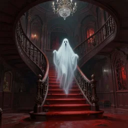 “a digital painting of a ghost in a giant victorian mansion staircase, horror, crimson peak, dark, by Guillermor del Toro”