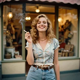standing portrait of ecstatic brittnay renner looking into the camera standing smoking a cigarette, summer, warm street lights store front, 1 9 6 0 s technicolor, intricate, moody, personal, highly detailed, short focus depth, donato giancola, joseph christian leyendecker, frank frazetta, alex horley, ralph horsley, michael whelan, 2 0 0 mm focal length