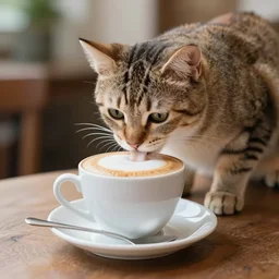 photography of a kitten drinking a cappuccino