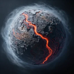 a cubic planet filled with lava rivers and a thick atmosphere surrounding it
