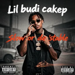 drill hip hop album cover from rapper called'lil budi cakep ', thats album name'slow or die'stable image, and hyprealistic, with parent advisory