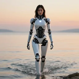beautiful centered photo portrait of hoyeon jung as a solarpunk robotic humanoid with white mechanical parts with bright halogen lights, walking through calm water, ultra - realistic and detailed, sunset lighting, soft focus, slow exposure hdr 8 k