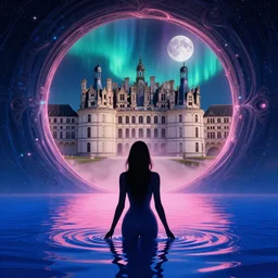 silhouette of a sexy woman emerging from pink and royal blue water in cyberpunk theme looking at an opening interstellar portal to renaissance italy, the portal opens to chateau de chambord during a blood moon and aurora borealis, intricate, elegant, by adim kashin, martine johanna, yoann lossel, jakub rebelka, rule of thirds, visually stunning