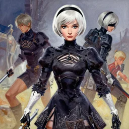 a gouache painting in the style of nier automata, by hikari shimoda, ilya kuvshinov, yoshitaka amano, by shaun tan, by good smile company, a detailed 3 d render of audrey hepburn as an android, cgsociety, artstation, a modular costume and headpiece, action adventure scene
