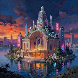 a beautiful photorealistic painting of theatre architecture by denis sarazhin, cgsociety lake apocalyptic nightvision neon signs made of glass wilderness gem matte painting crystal sunset thermal imaging at summer studio ghibli assassin's creed universe tokyo architecture island vice city bioshock cosmic, archdaily, wallpaper, highly detailed, trending on artstation.