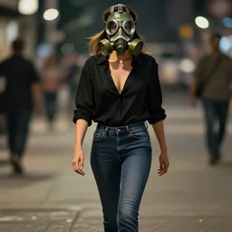 a powerful female character, who wears a black open shirt and jeans. her face is covered in a gas mask and is walking down the street at night. hyperrealistic fashion illustration by boris vallejo and julie bell.