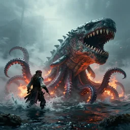 pirates vs the kraken tentacles coming out of the water, cinematic, foggy, volumetric lighting, fire, unreal engine, trending on artstation