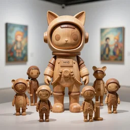 8 k octan advertising detailed photo, beautiful a totally wooden sculpture collection art toys on feet, very cute gypsy cosmonaut zen with cat ears, cyberpunk a contemporary art gallery sharp focus, masterpiece nofinito
