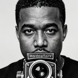 photo of Kanye West by Diane Arbus, extreme closeup, black and white, high contrast, Rolleiflex, 55mm f/4 lens