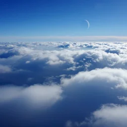 blue dreamy cloudscape with a single planet in the clouds, daylight, cinematic lighting, cinematic perspective, syd mead, john harris, federico pelat,