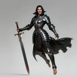 female vampire warrior, full body portrait, realistic, sharp teeth, grinning, muscular, flying, barefoot, exposed feet, black full plate armor, historical armor, covered chest, metal mask, giant two - handed sword dripping blood, in style of ghostblade, wlop.