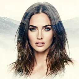 megan fox face blended double exposure effect beautiful mountain scenery, medium sized tattoo sketch, amazing detail, trending on pinterest, in the style of brandon kidwell