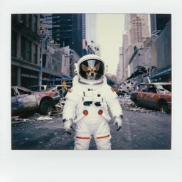chihuahua, american white spacesuit astronaut with oversized helmet in postapocalyptic abandoned destroyed times square, wrecked buildings, destroyed flipped wrecked cars, giant crater in distance, polaroid photo, vintage, neutral colors, by gregory crewdson