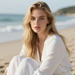 woman with long blonde hair wearing white clothing siting on a beach, beautiful, 8k, highly detailed, photorealistic, smooth texture, octane render, cgi, artgerm, digital artwork, professional art, sakimichan, rutkowski, sharp focus, ambient lighting, depth of field, trending on artstation, perfect face, portrait, close up shot,