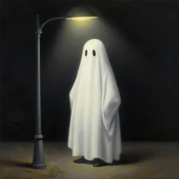 ghost under a streetlight at night by rene magritte, detailed painting, hd, hq, high resolution, high detail, 4 k, 8 k