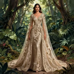 zuhair murad gown fashion illustration by eko nugroho, jungle background, fine detail
