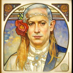 feminine portrait of benjamin netanyahu in pride parade, by alphonse mucha