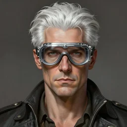 a ruggedly handsome man with white hair and safety goggles, intricate, elegant, highly detailed, centered, digital painting, artstation, concept art, smooth, sharp focus, illustration, art by todd lockwood and donato giancola and Joseph Christian Leyendecker