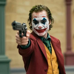 A still of Mr Bean as the Joker pointing a gun at the camera in Joker (2019)